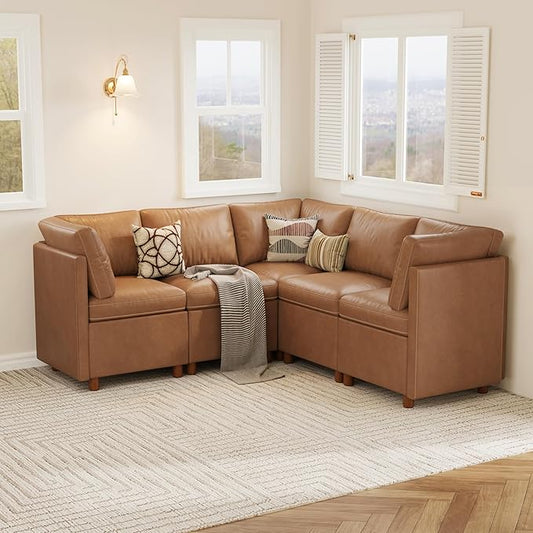 SITJOY Breakfast Nook Bench with Storage, Modular Corner Kitchen Banquette Seating, Dining Settee Couch, Upholstered Dining Bench with Back, Pet-Friendly Faux Leather in Brown, 5-Seat L Shaped Booth