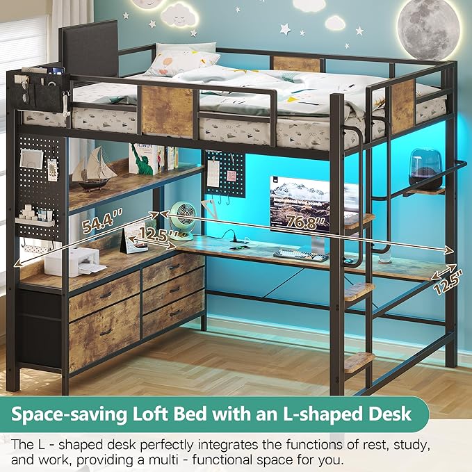 BYSAUD Full Size Loft Bed with Desk and 5 Drawers, Stable Metal Loft Bed Frame with Upholstered Backrest, Stairs, Power Outlet & LED Lights, Noise Free Space-Saving Design, Rustic Brown
