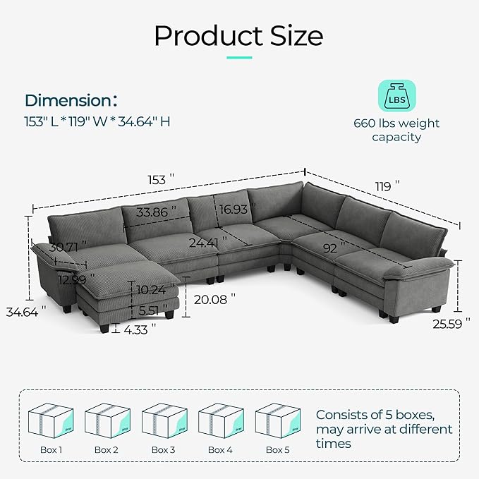 LINSY HOME Modular Sectional Sofa, 6-Seat Corduroy Modern Cloud Couch with Deep Seat & 1 Movable Ottoman, Perfect for Living Room, Office, Bedroom, Grey