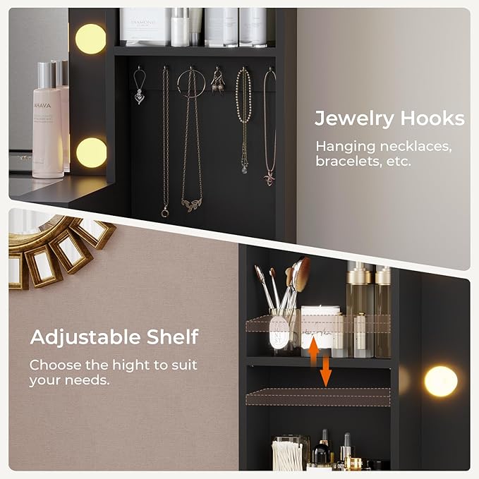 Hasuit 48.8'' Large Vanity Desk with Lighted Mirror & Power Outlet, Black Makeup Vanity Table with 6 Drawers, 4 Shelves and 1 Storage Cabinet, Glass Tabletop Bedroom Dressing Table, 3 Lighting Modes