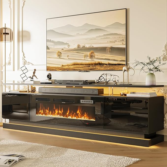 70 Inch Fireplace TV Stand, Modern Entertainment Center for TVs Up to 80”, TV Console with Storage Cabinets, Media Console for Living Room, Black TV Stand and Black Fireplace