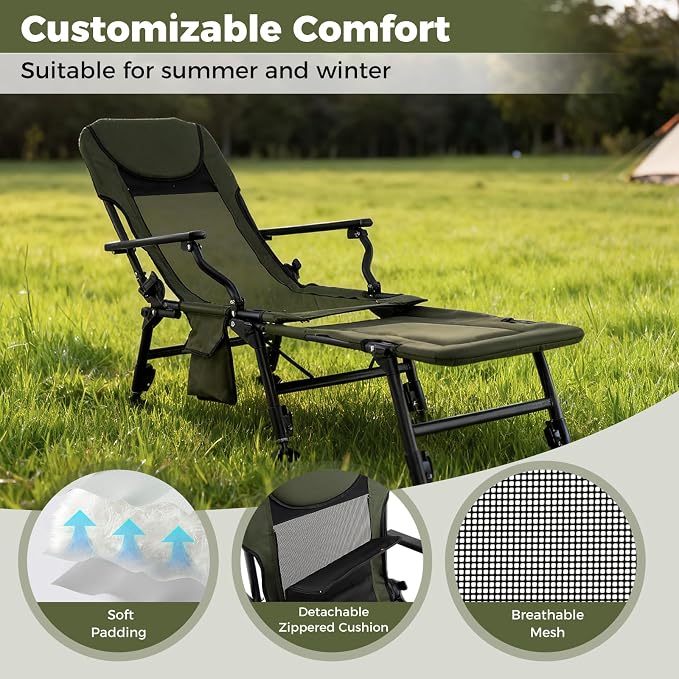 Goplus Foldable Fishing Chair for Adults, 2 Pack Heavy Duty All-Terrain Camping Chair with Detachable Footrest, Padded High-Back, Adjustable Feet, Portable Recliner for Outdoor Patio Beach