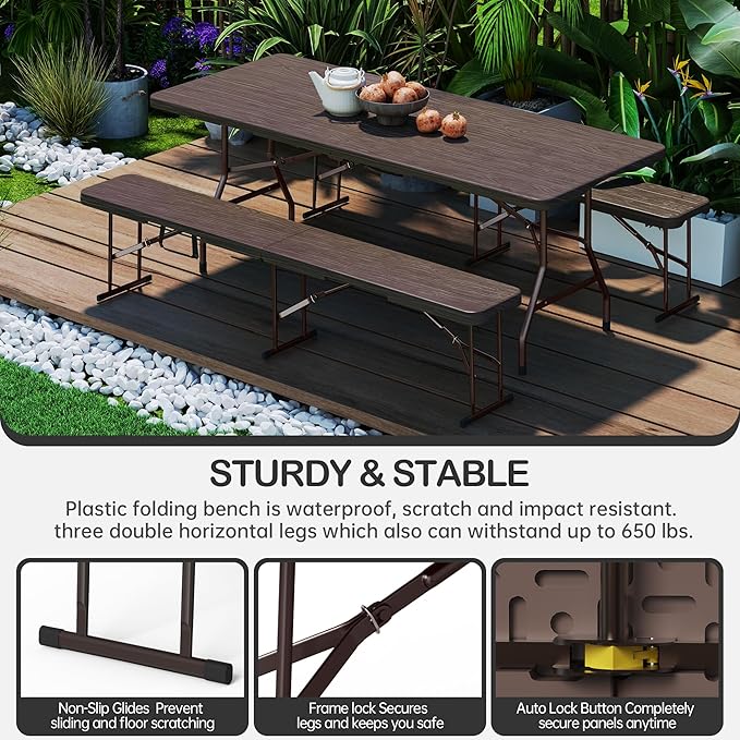 VSOAEIL 6 Foot Folding Bench, Portable Plastic Folding Bench Seat, Foldable Seat for Indoor Outdoor Picnic Camping Dining, Soccer Garden Multipurpose Entertaining Activities, Brown, 2 Pack
