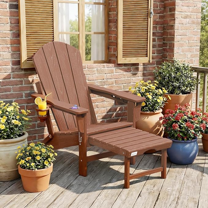 Mdeam 3-Level Adjustable Adirondack Chair with Retractable Ottoman, HDPE All-Weather Folding Fire Pit Chair with 2 Cup Holders, Outdoor Chair for Deck Patio Garden Backyard Lawn (Teak)