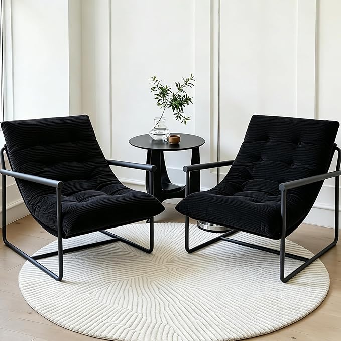 Modern Accent Chair Set of 2, Living Room Chair with Metal Frame,Upholstered Arm Chair with Soft Cushion for Bedroom Lounge Reading Room (Black)