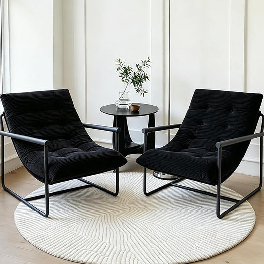 Modern Accent Chair Set of 2, Living Room Chair with Metal Frame,Upholstered Arm Chair with Soft Cushion for Bedroom Lounge Reading Room (Black)