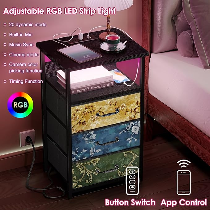 Fixwal Night Stand with Charging Station, LED Nightstand with U-S-B Ports and Outlets, 3 Fabric Storage Drawers with PU Finish, Bedside Table, Vintage Flower