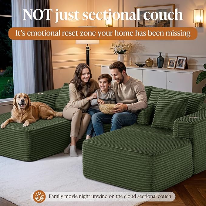 Oversized 108" Cloud Sectional Couch, Comfort U Shaped Boneless Couch for Living Room, Extra Deep Seats No Assembly, Modular Sofa, Corduroy (Olive Green, 2 Seater+Left Facing Chaise+Ottoman)