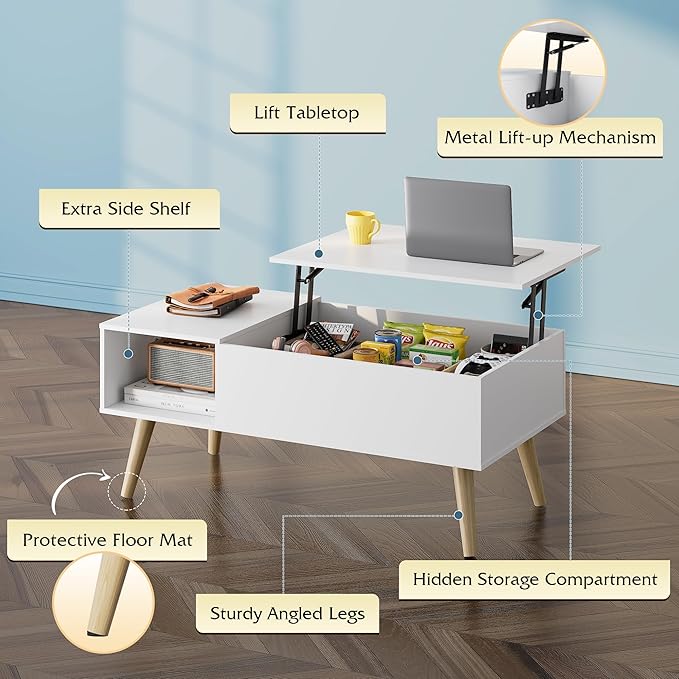 WLIVE Coffee Table for Living Room, Lift Top Coffee Table with Storage, Small Rising Wooden Dining Center Table with Storage Shelf & Hidden Compartment, 39" White