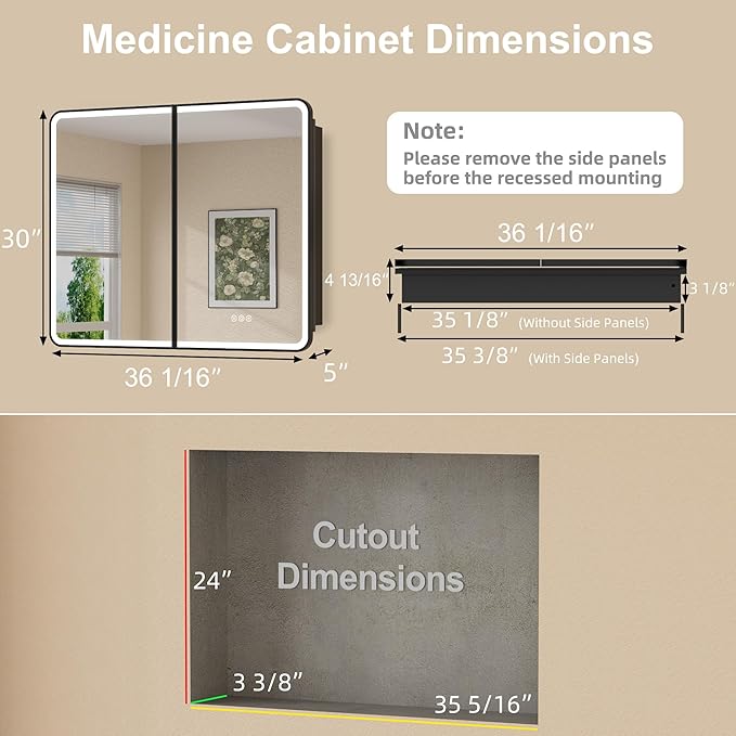 36 x 30 Inch Recessed Medicine Cabinet Mirror with Lights, Wall Mounted LED Bathroom Mirror Cabinet, Dimmable, Anti-Fog, Memory Function, 3 Color Modes, Adjustable Shelf, ETL Certified, Black