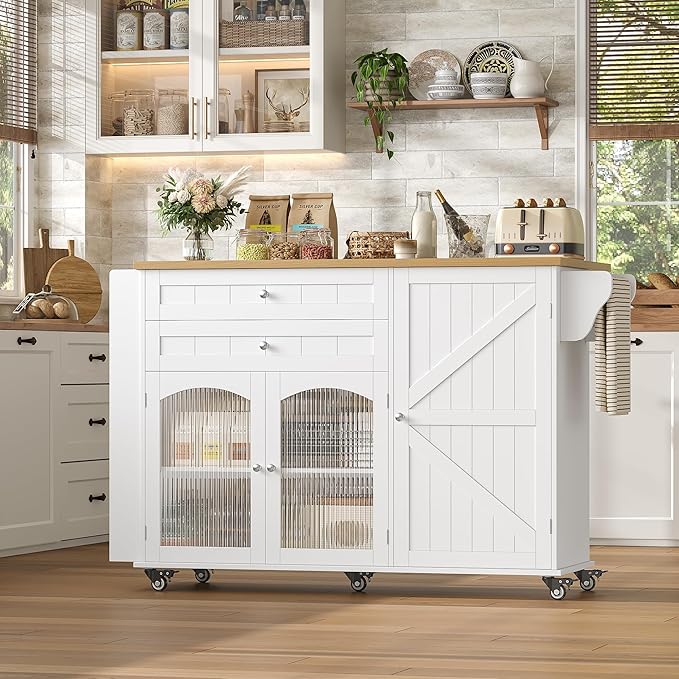 FINETONES Kitchen Island with Storage, Rolling Kitchen Island on Wheels with Wood Drop Leaf Countertop, Island Table Bar Cart with Spice Towel Rack Portable Kitchen Table Kitchen Carts on Wheels