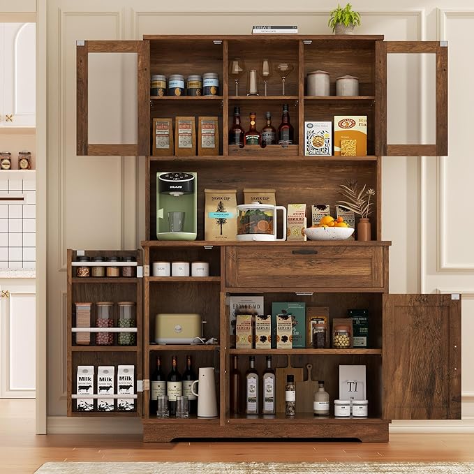 Vongrasig Tall Kitchen Pantry Storage Cabinet, Modern Pantry Cabinet with Hutch and Microwave Stand, Modern Kitchen Coffee Bar Hutch with Shelves for Dining Room, Brown