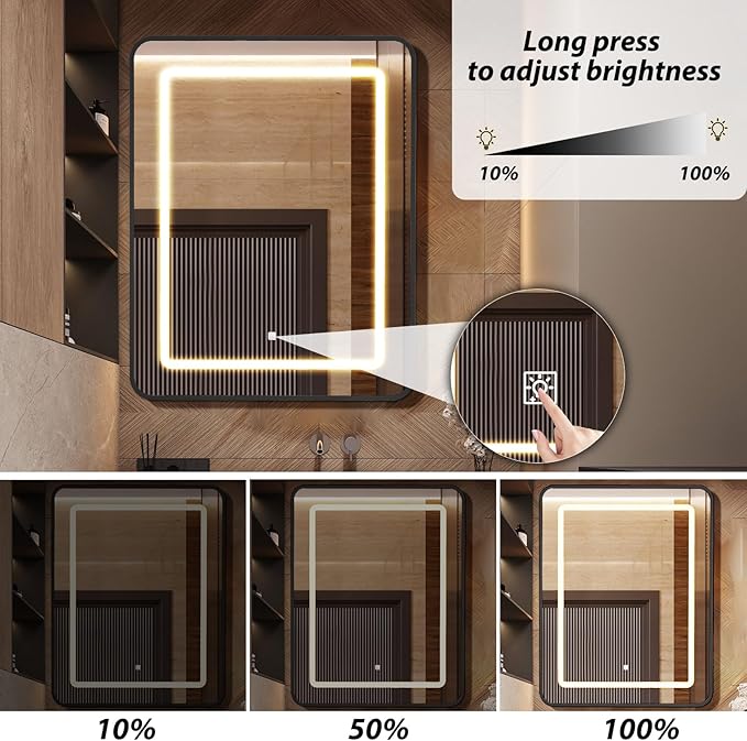 APRILSOUL 16x24 Inch Lighted Bathroom Medicine Cabinet with Mirror, Black Recessed or Surface Mount Medicine Cabinet Mirror with Storage and LED Lights, 3 Colors Temperature, Dimmable Light