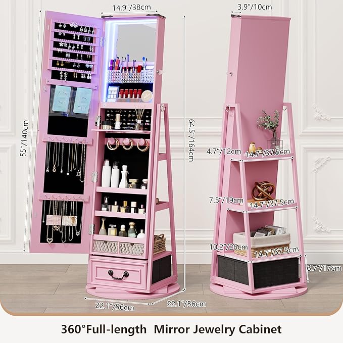 HWB Standing Full-Length Mirror Jewelry Armories, Jewelry Organizer with LED Lights 360° Swivel, Lockable Jewelry Cabinet, Jewelry Storage with Shelves & Stable Base Pink