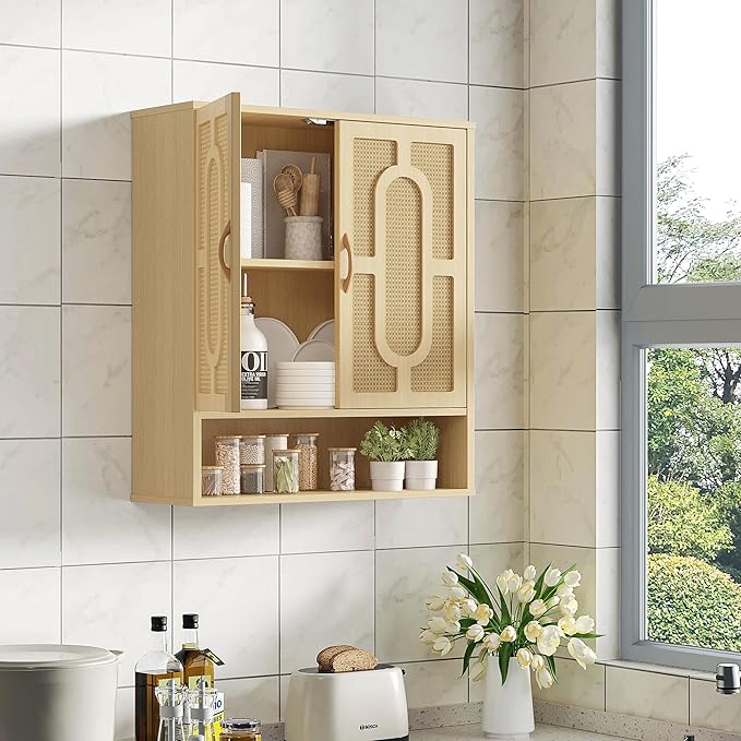 VECELO Rattan Bathroom Wall Cabinet, Medicine Cabinets with Adjustable Shelves, Wall Mounted Above Toilet Storage Organizer for Bathroom, Kitchen, Entryway