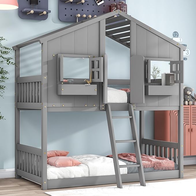Twin Over Twin Low Bunk Bed for Kids,Wooden Floor House Bunker Bed Frame with with Window,Roof,Door,Guardrails,Ladderand and Storage Box for Girls,Boys - Gray