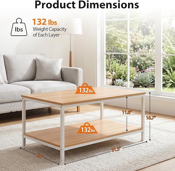 SUPER DEAL 2-Tier Industrial Coffee Table with Storage Shelf for Small Apartment Living Room, Rectangle Wood and Stable Metal TV Stand Side End Table, Natural Wood