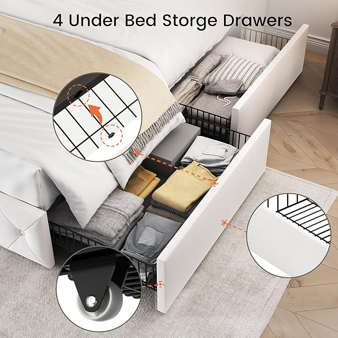 LARMACE King Size Bed Frame with 4 Storage Drawers and 47.2" Tall Wingback Headboard Velvet Upholstered Platform Bed Frame Tufted Beds with Wooden Slats Support, Easy Assembly, White