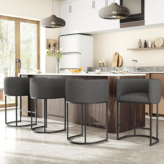 26" H Counter Height Bar Stools Set of 4, Modern Barrel Counter Stools with Backrest and Arms, Linen Fabric Upholstered Accent Barstools for Kitchen Island,Support 450 LBS (Carbon Black)