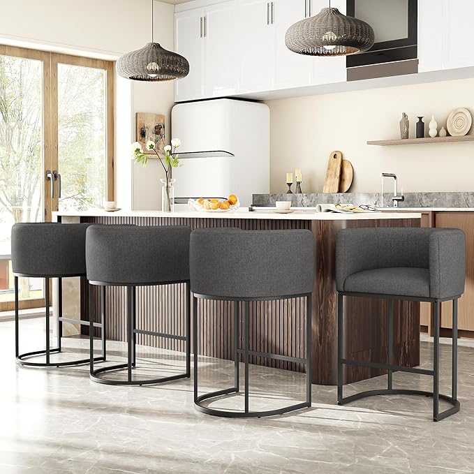 26" H Counter Height Bar Stools Set of 1, Modern Barrel Counter Stools with Backrest and Arms, Linen Fabric Upholstered Accent Barstools for Kitchen Island,Support 450 LBS (Carbon Black)