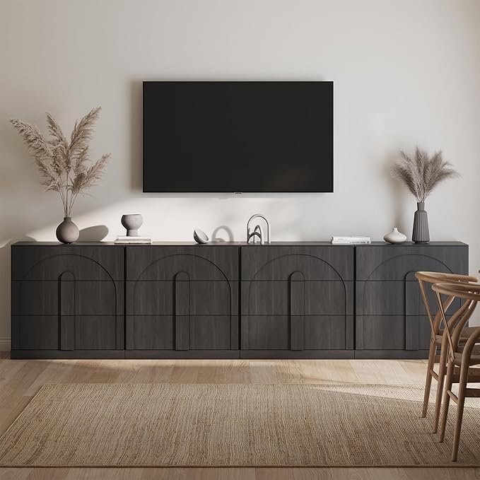 BELLEZE Sideboard Cabinet with 3 Drawers, Set of 4 Modern Wood Buffet Cabinet with Arc Design, Large Fluted Sideboard with Storage for Dining Room Living Room Entryway, Ebony