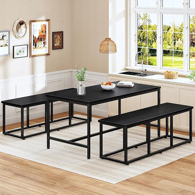 HOOBRO Dining Bench, 47.2 Inch Dining Table Bench, Industrial Style Kitchen Bench, Steel Frame, Easy to Assemble, for Kitchen, Dining Room, Black BB45CD01