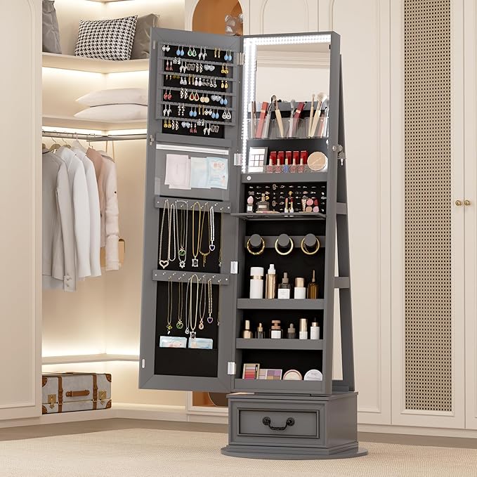 Vlsrka Mirror Jewelry Cabinet Standing, 360° Swivel Jewelry Armoire with Full Length Mirror, Lockable Mirror with Jewelry Storage, 3-Color LED Lights, Foldable Makeup Shelf, Grey