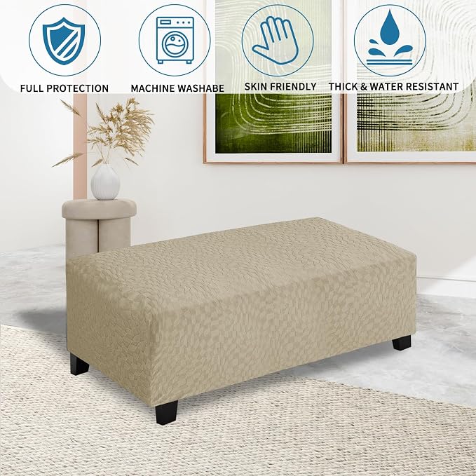 ZNSAYOTX 2026 Rectangle Ottoman Cover (L:57"-75") Super Stretch Soft Footrest Slipcover Form Fit, Universal Folding Foot Stool Covers with Non-Slip Elastic Band, Fashion Jacquard Texture, Khaki