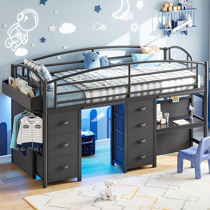 Twin Low Loft Bed with Desk, 7 Storage Drawers & LED Lights, Kids Metal Loft Bed with 13.8" H Safety Guardrail, Underbed Play Space & Curtain, Anti-Collision Pad (Black)