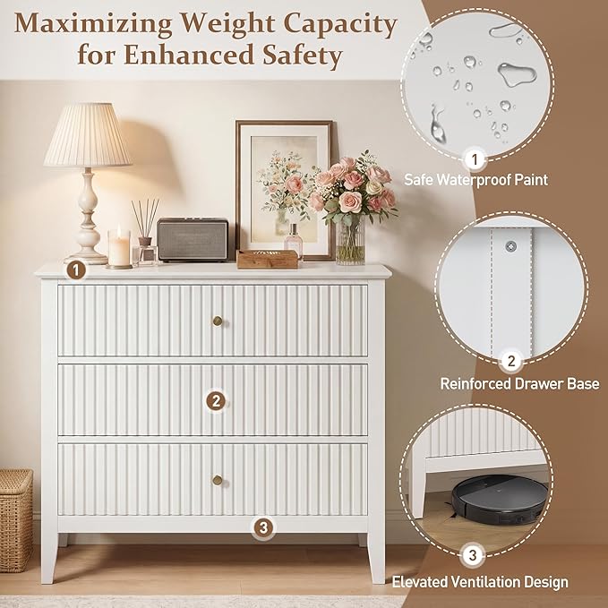 RoyalCraft 32" Large Nightstand, Fluted Painted Bedside Table with 3 Spacious Drawers, Modern Tall End Table for Bedroom, White
