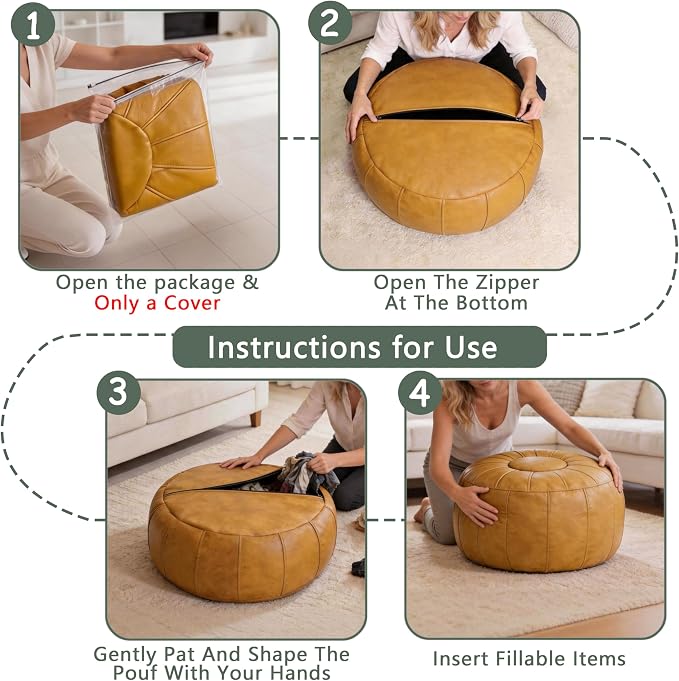 Thgonwid Unstuffed Moroccan Storage Pouf Foot Stool Ottoman Seat Handmade Faux Leather Bean Bag Floor Chair Foot Rest for Living Room, Bedroom or Balcony (Yellow)