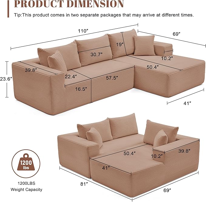 Mangodan 110” Cloud Sectional Couch, Boneless Sofa for Living Room, Modular Sectional Sofa with Deep Seat, Comfy Fluffy Couch with L-Shaped Chaise, No Assembly Required (Right-Facing Chaise, Camel)