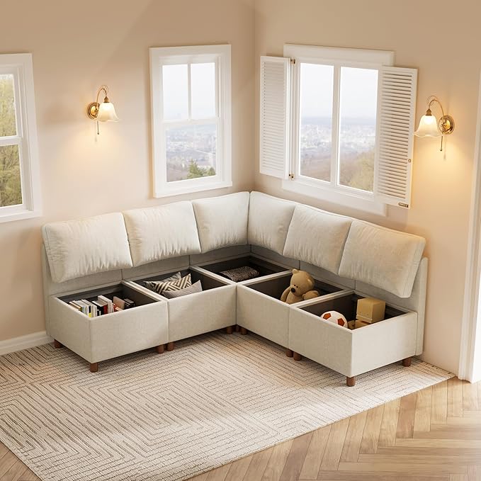 SITJOY Breakfast Nook Bench with Storage, Modular Corner Kitchen Banquette Seating, Dining Settee Couch, Upholstered Dining Bench with Back, Soft-to-Touch Fabric in Beige, 5-Seat L Shaped Nook