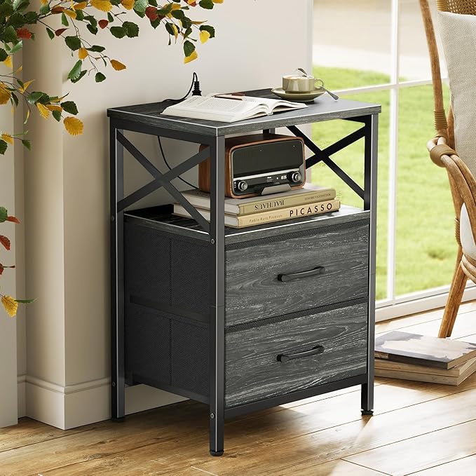Huuger Nightstands Set of 2, Night Stand with Charger Station, 2 Drawer Side Table with Open Shelf, USB-C Port, End Table for Small Spaces, X Shaped Side Rail, Charcoal Black