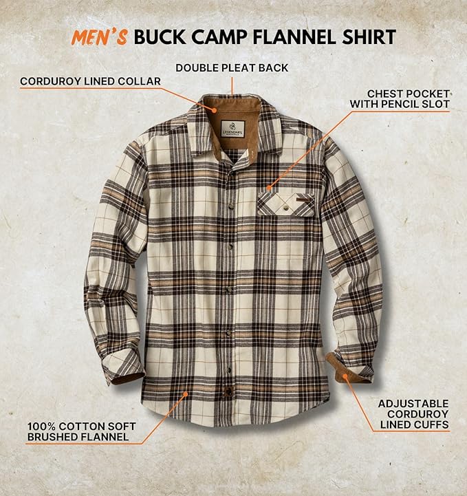 Legendary Whitetails Mens Long Sleeve Button Down 100% Cotton Flannel Shirt