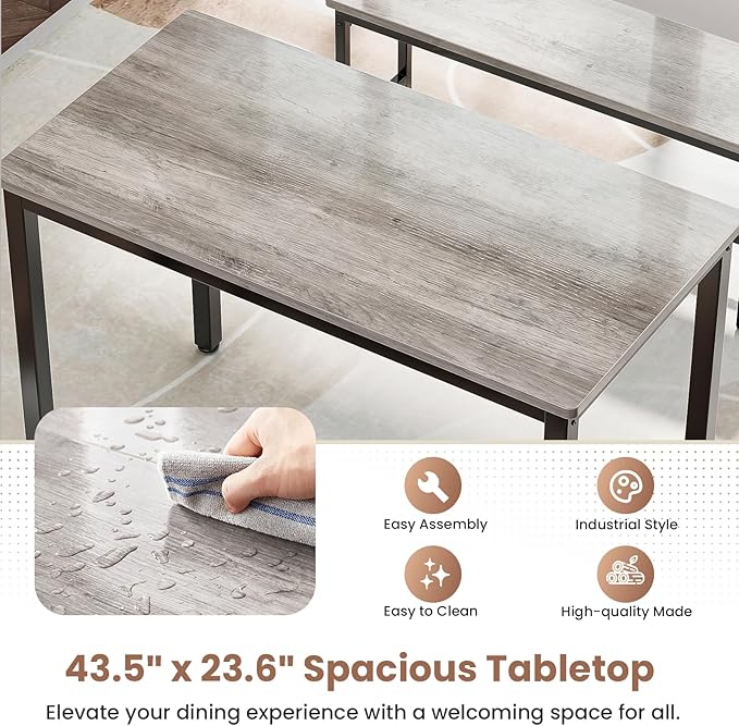 Dining Table Set for 4, Kitchen Table with 2 Benchs, Modern Functional 3-Piece Dining Room Table for Apartment Breakfast Nook and Samll Space, Grey