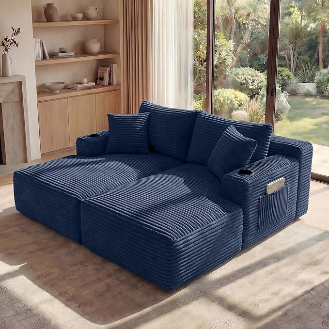125 Inch Modular Sectional Sofa, Cloud Couch Oversized U Shaped Corduroy Sofa with Storage & Cupholders, Modern Deep Seat Boneless Couches for Living Room, No Assembly Required, Blue