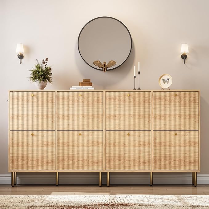 Nicetree Shoe Storage Cabinet for Entryway - 4 Flip Drawers Shoe Cabinet with Tiered Fluted Design - Slim Shoe Storage Rack with Gold Legs - Narrow Shoe Cabinet Hidden Shoe Organizer for Small Spaces