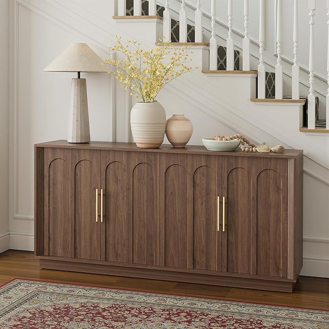 FORTUNETEC Sideboard Buffet Cabinet with Storage, Mid Century Modern Accent Cabinet with Arched Doors, Modular Media Console, Minimalist Credenza for Living Room Kitchen Dining Room Entryway, Walnut