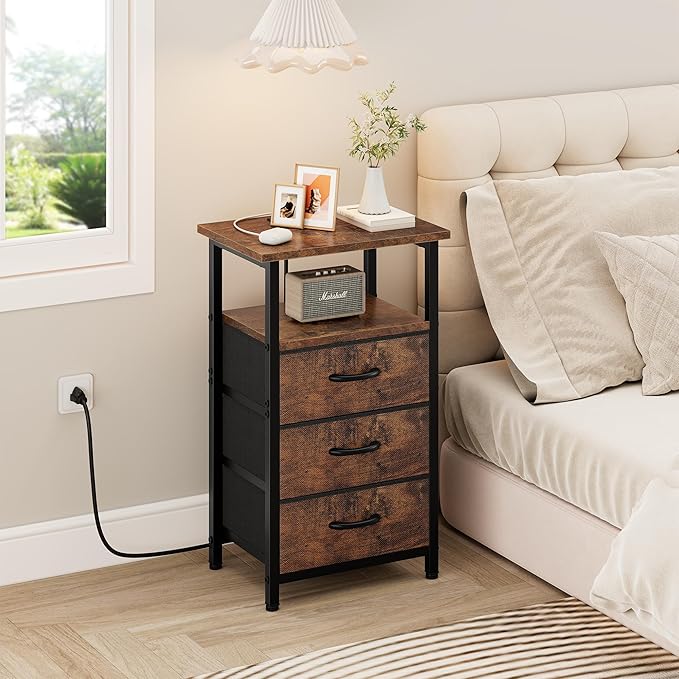Vagusicc Nightstand Set of 2 with Charging Station, Bedside Table with USB Ports & Outlet, Side End Table with 3 Fabric Drawers & Storage Shelf, Bed Side Table Night Stand for Bedroom, Rustic Brown