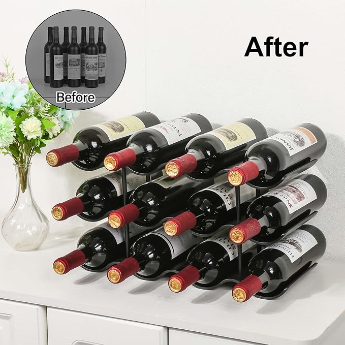 Countertop Wine Rack - 12 Bottle Freestanding Wine Bottle Holder Stand - 3 Tier Wooden Wine Storage Rack - Black Wavy Wine Organizer for Cabinet Pantry Home Kitchen Bar