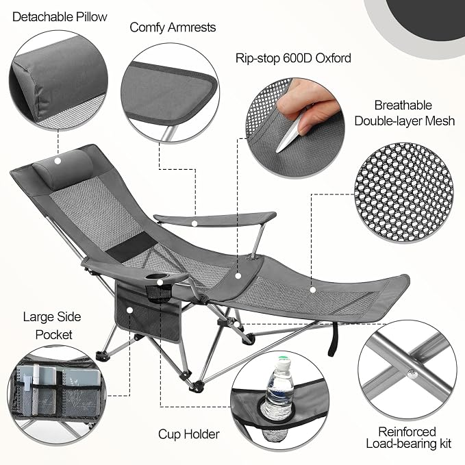 Colingmill 2 Pcs 2 in 1 Reclining Camping Chair with Footrest for Adults Folding Lounger Mesh Beach Chair Adjustable Backrest Lightweight Lawn Chairs for Camping Tailgates Outdoor Beach(Gray)