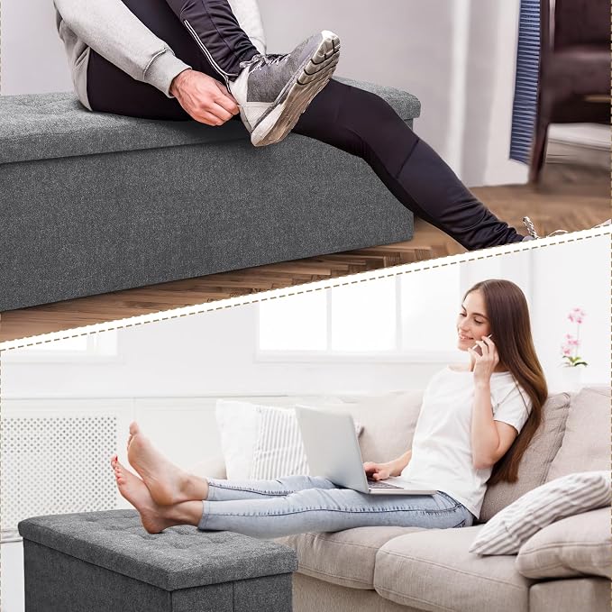 Athena Collection Ottoman Bench with Storage, 43 Inches Large End of Bed Storage Ottoman Bench, 130L Load 220 Lbs Linen Foot Rest for Bedroom, Living Room, Entyway, Dark Gray