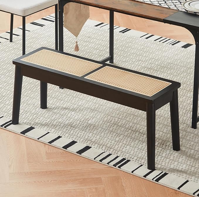 40" Wooden Dining Bench with Hand Woven Rattan Seat,Solid Wood Bench for Entryway,Living Room,Kitchen and Bedroom（Black，18" H