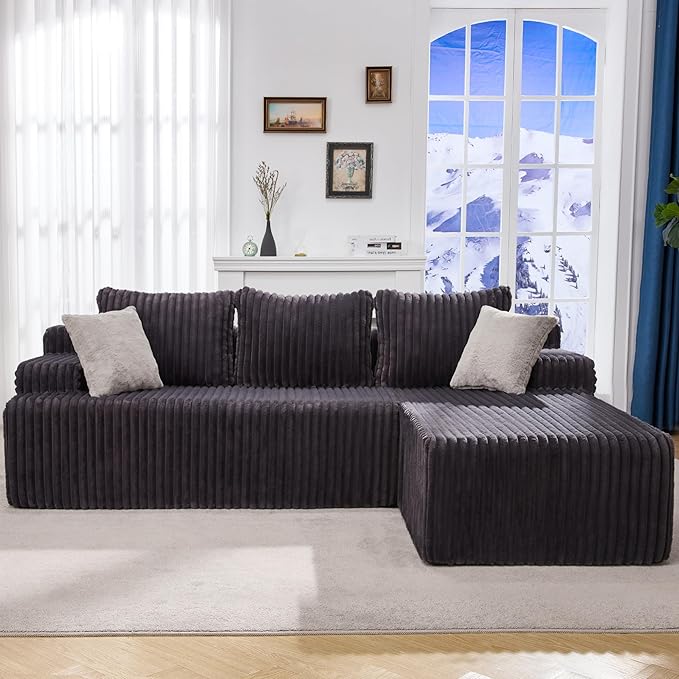 Hobestluk Modular Sectional Sofa Boneless Couch L-Shape Couch 3 Seat Modular Couch Memory Foam Sectional Couches for Living Room Furniture, Cloud Couch Lounge (Grey Stripe, 98" Right Facing Chaise)
