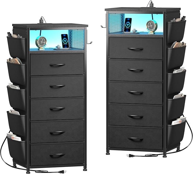 EnHomee Nightstands Set of 2 with 5 Drawers, Black Dresser with Charging Station and LED Light, Tall Nightstand with Extra Side Bag & Hooks, Bedroom, Closet, Hallway, Entryway, Black