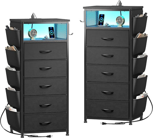 EnHomee Nightstands Set of 2 with 5 Drawers, Black Dresser with Charging Station and LED Light, Tall Nightstand with Extra Side Bag & Hooks, Bedroom, Closet, Hallway, Entryway, Black