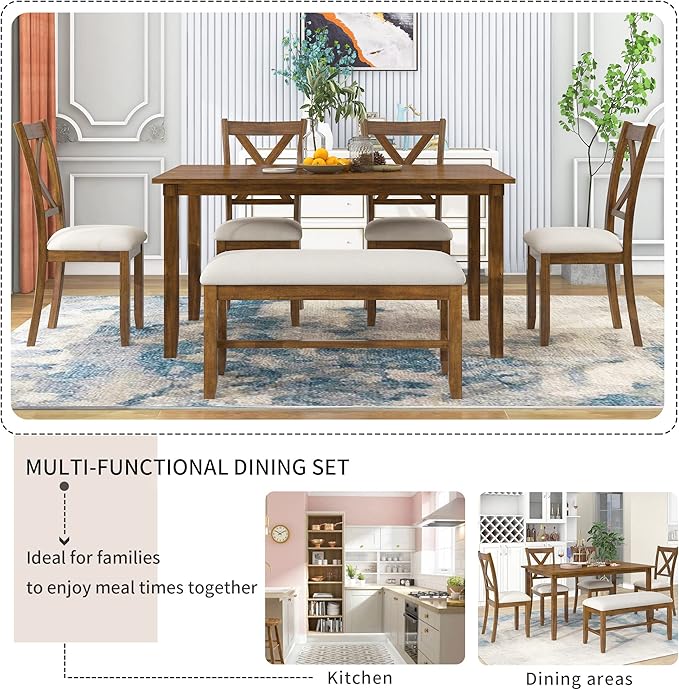Merax 6-Piece Wooden Kitchen Dining Table Set with 4 Fabric Chairs and Bench, Family Furniture, Natural Cherry