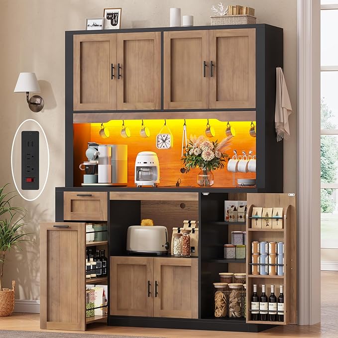 Itaar 71" Pantry Cabinet with Charging Station and LED Light, Kitchen Pantry Cabinet with Microwave Stand, 47.2" Wide Kitchen Storage Cabinets with Storage Cart 3 Tier for Dining Room,Brown