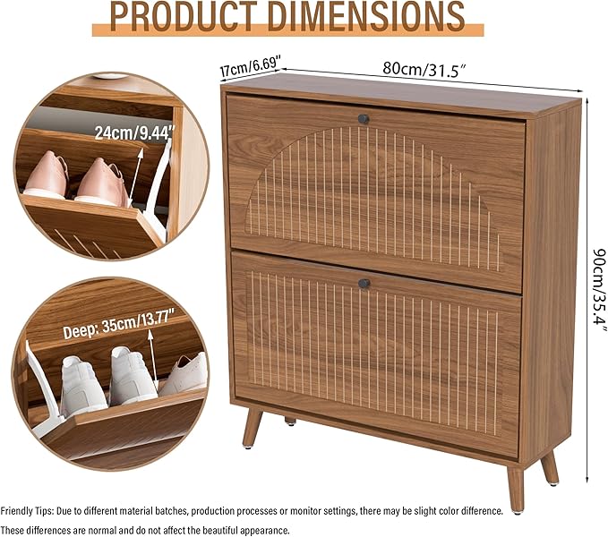 Fsbecl Shoe Storage Cabinet for Entryway with 2 Flip Drawers, Narrow Wood Shoe Cabinet with Fluted Panel, Freestanding Hidden Shoe Organizer for Foyer, Hallway (Walnut - No Shelf)